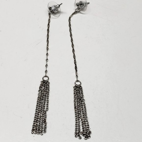 Stylish Women's Polished Silver-tone Hoop Fringed Drop Dangle Earrings - 4" long - Picture 2 of 5